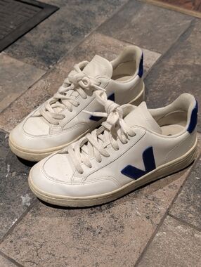 Veja Leather Sneakers in White with Blue V Detail